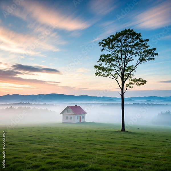 Fototapeta Solitary Tree and Cabin in Foggy Field