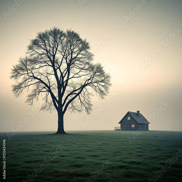 Fototapeta Solitary Tree and Cabin in Foggy Field