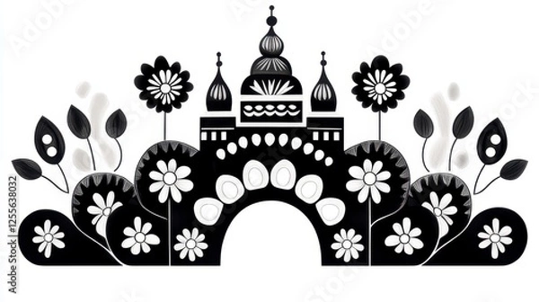 Obraz Black And White Castle Archway Design With Decorative Flowers