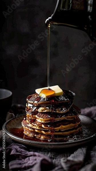 Fototapeta fluffy pancakes topped with melting butter and drizzled with maple syrup