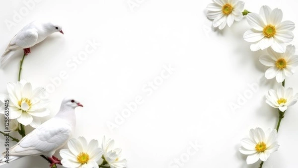 Fototapeta postcard frame with daisies and doves on a white background and an empty text space in the middle