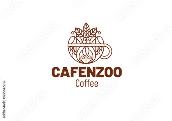 Fototapeta CAFENZOO Logo Cup of Coffee With Beans and Leaves Line Art Unique Vector Art