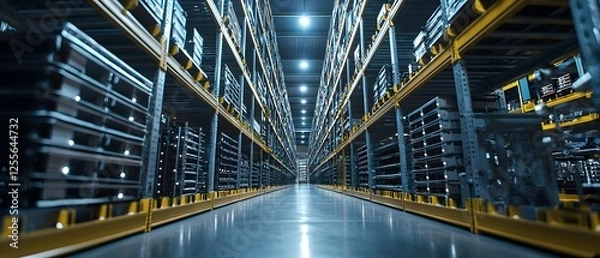 Fototapeta Capacity Shipping System, Warehouse Racks of Metal Components with Bright Lighting Enhancing Depth and Perspective