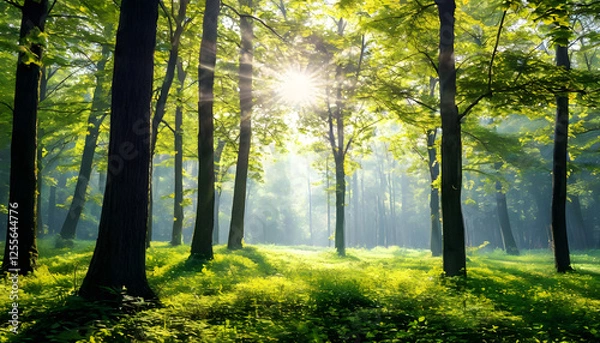 Fototapeta spring forest, sun rays shining through the trees, Colorful blurred futuristic bright background, bokeh effect of lights, copy space