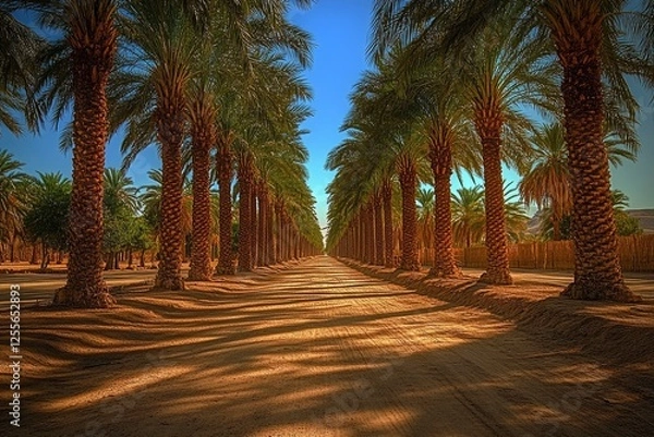 Fototapeta Lush palm tree avenue with vibrant shadows on a sunlit dirt road in a serene desert oasis