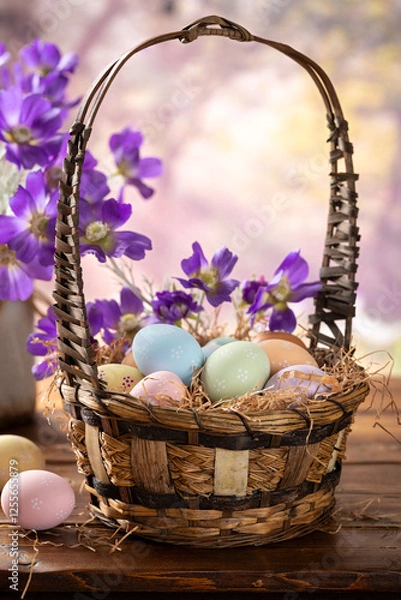 Fototapeta Easter eggs in a basket and purple daisies with vibrant spring background