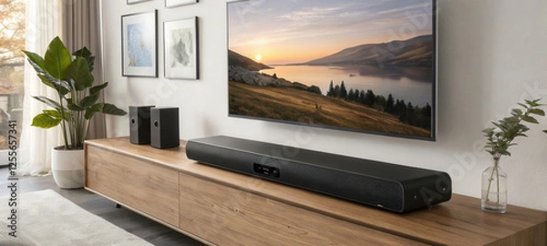 Fototapeta A modern living room featuring a large TV, soundbar, and decorative plants, creating a cozy and stylish atmosphere.