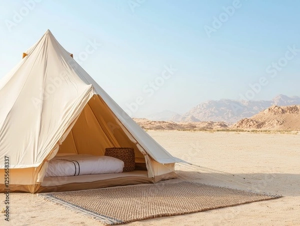 Obraz A serene desert scene featuring a spacious cream-colored tent, open to the landscape, with a cozy interior visible.