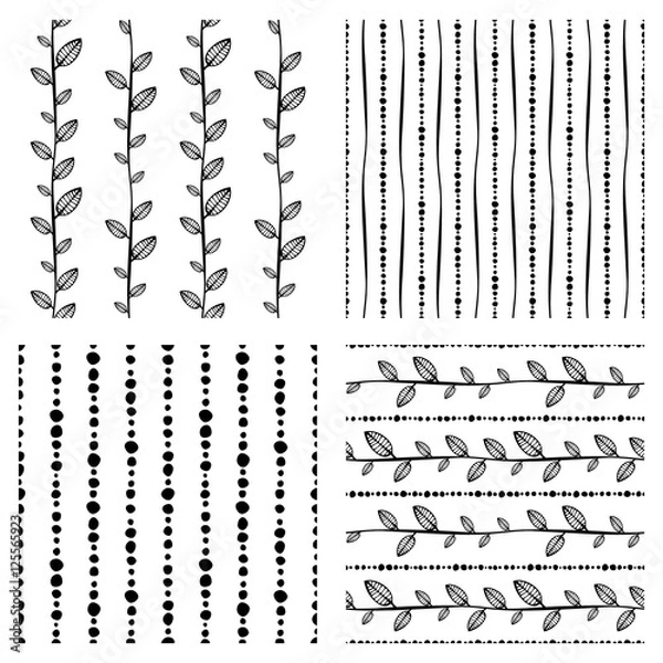 Fototapeta Set of seamless vector pattern. Black and white hand drawn endless background with ornamental decorative elements with ethnic, traditional motives. Series of Hand Drawn Ornamental Seamless Patterns