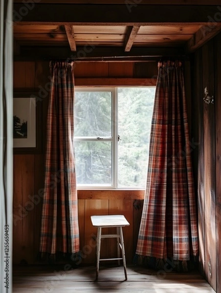 Fototapeta A wooden lodge with plaid curtains, a small vintage side table, and a white frame above.