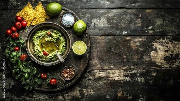 Obraz Top view of a rustic wooden table with a bowl of guacamole dipping sauce, surrounded by fresh ingredients like ripe avocados, tomatoes, lime, cilantro, salt, tortilla chips. Mexican food green theme