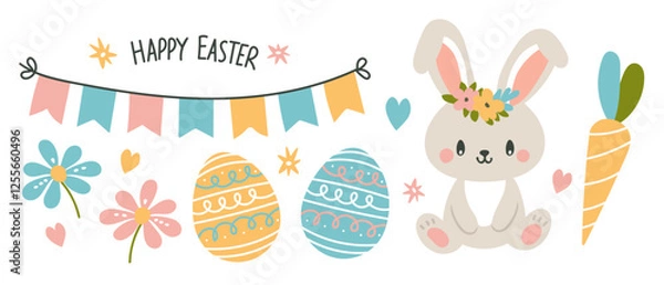 Fototapeta Easter clip art set. Cute Easter Bunny with floral crown, decorated eggs, flowers, carrot and festive banner with the text Happy Easter. Vector illustration of Easter symbols on white background.