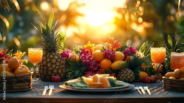Fototapeta A festive tropical table setting on a patio, decorated with lush greenery, colorful fruit arrangements, vibrant cocktails, and bamboo accents, with a stunning sunset in the background,