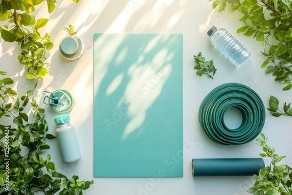 Fototapeta Tranquil yoga setup featuring a mint green mat and accessories surrounded by lush greenery