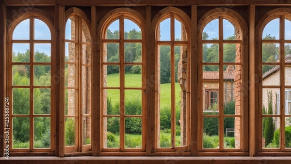 Fototapeta Charming Set of Wooden Windows Framing a Beautiful View