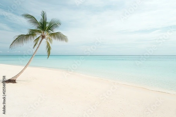 Fototapeta Tranquil beach scene with lone palm tree leaning over soft white