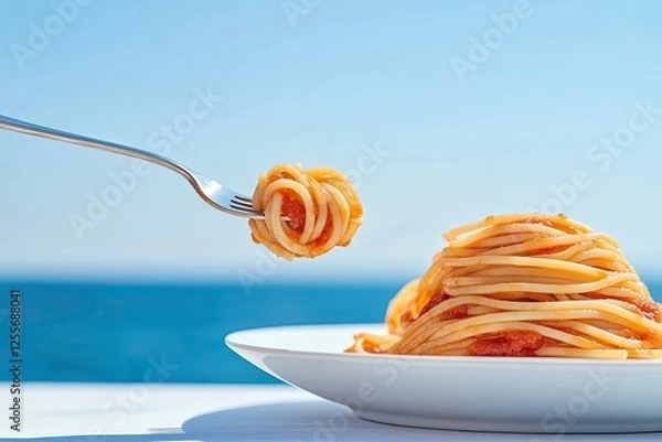 Obraz Delicious spaghetti twirled on fork against serene ocean backdro