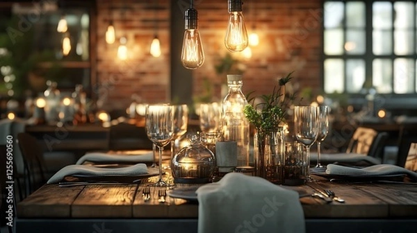 Obraz A raw yet elegant industrial table setting with a steel and wood table, Edison bulbs glowing warmly, rustic brick walls in the background, accented with soft fabric napkins and glass decor,