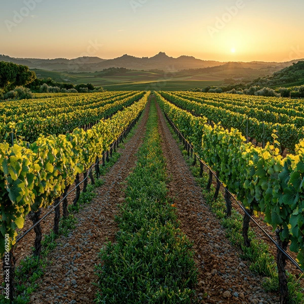 Fototapeta Sunset over vineyard rows in rural landscape, ideal for wine or travel themes
