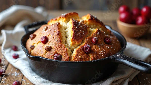 Fototapeta Rustic Cranberry Pecan Soda Bread in Cast Iron Pan: Perfect for Bakery Ads, Cookbooks, and Food Blogs