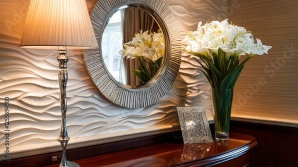 Fototapeta Modern entryway with a stylish console table, decorative mirror, and a chic vase with fresh flowers.