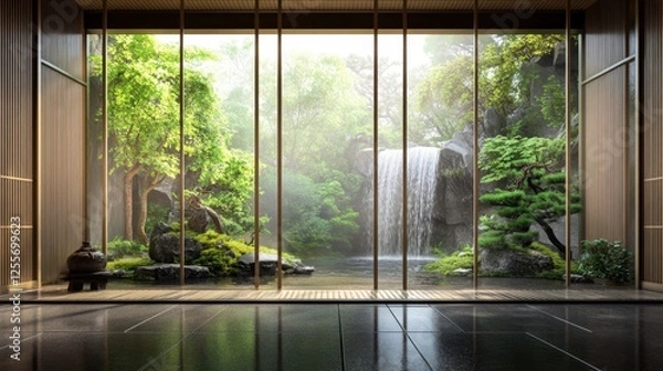 Fototapeta Scenic Japanese-style courtyard with a small waterfall, bonsai trees, and a bamboo fence.