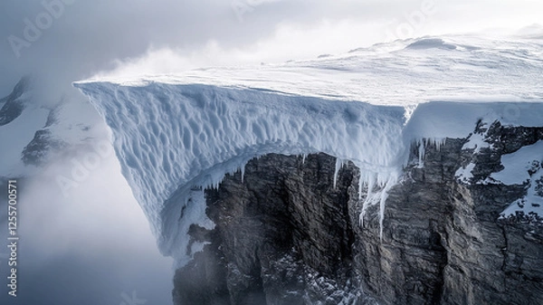 Fototapeta A massive snow cornice overhanging the edge of a rugged mountain cliff, fragile yet imposing in the cold air.
