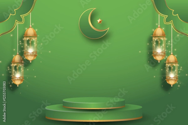 Fototapeta podium template design with islamic concept, display product, light effect, hanging ornament vector and moon