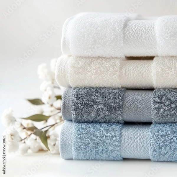 Obraz Luxurious Bath Towels: A stack of four plush, absorbent bath towels in a calming palette of white, beige, gray, and blue. Each towel is meticulously folded.