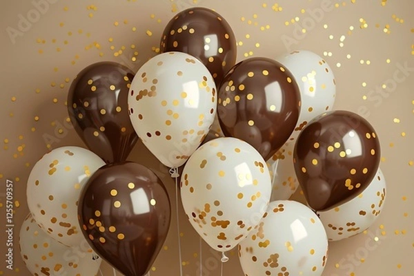 Fototapeta Brown and white balloons with golden confetti on a beige background, creating a festive birthday party banner, perfect for event advertising.