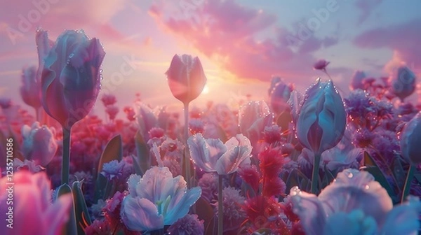 Fototapeta A colorful mix of tulips against a dreamy sunset background, wide-angle lens,