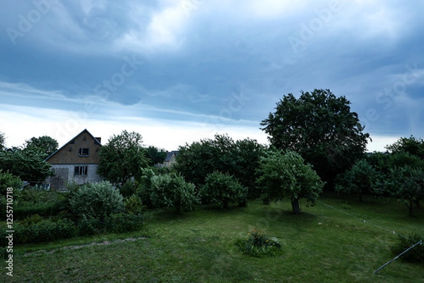 Fototapeta Cloudy, overcast view from second floor to garden.