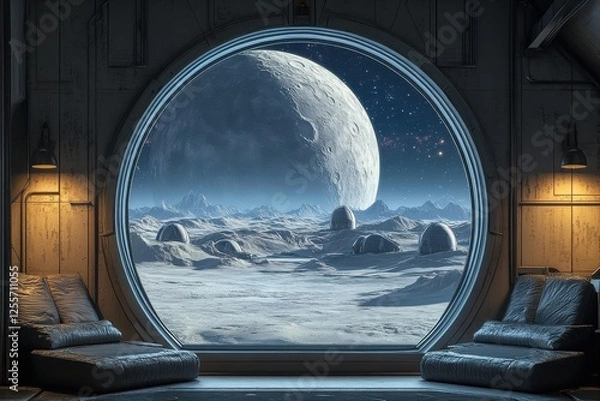 Obraz Moonlit view of a lunar base outer space digital art sci-fi environment interior perspective