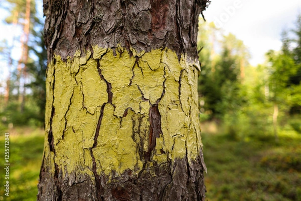 Fototapeta Close-up view of forest tree with green marking for planned cutting.