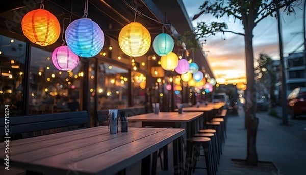 Obraz Retro-inspired urban caf at twilight, glowing lanterns illuminating outdoor seating, bold saturated colors, nostalgic charm with dynamic story-driven elements