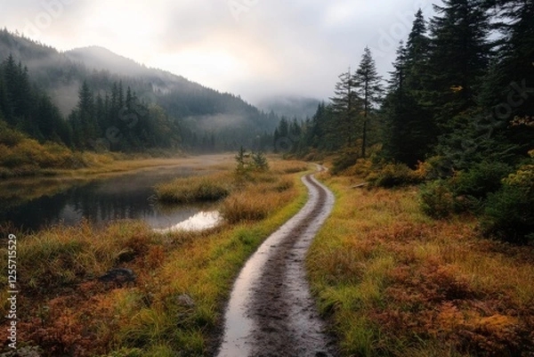 Fototapeta Scenic trail alongside a tranquil waterway in a misty forest during early morning hours