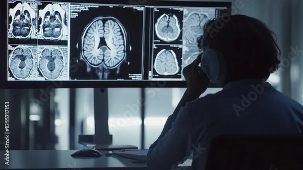 Fototapeta Neurologist analyzing brain scans on a computer screen in a dimly lit office
