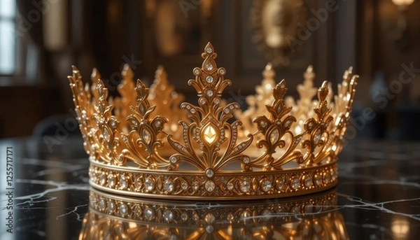 Fototapeta Ornate golden crown with intricate detailing on a velvet surface