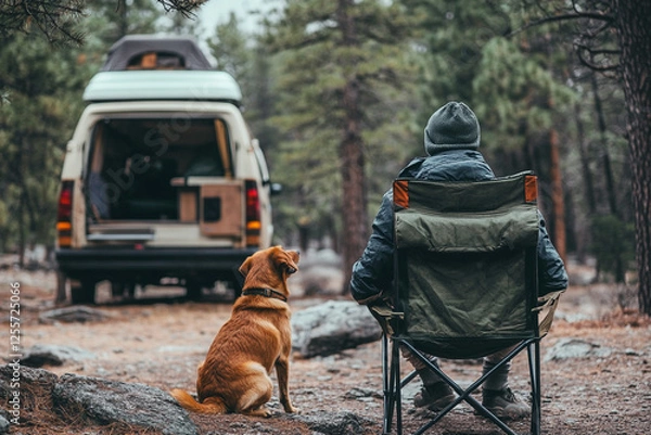 Fototapeta Backview of anonymous young man in camping chair with dog looking at camper van in woods