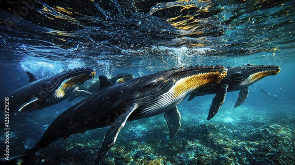 Fototapeta Group of humpback whales swimming gracefully in clear blue ocean waters, surrounded by bubbles and sunlight