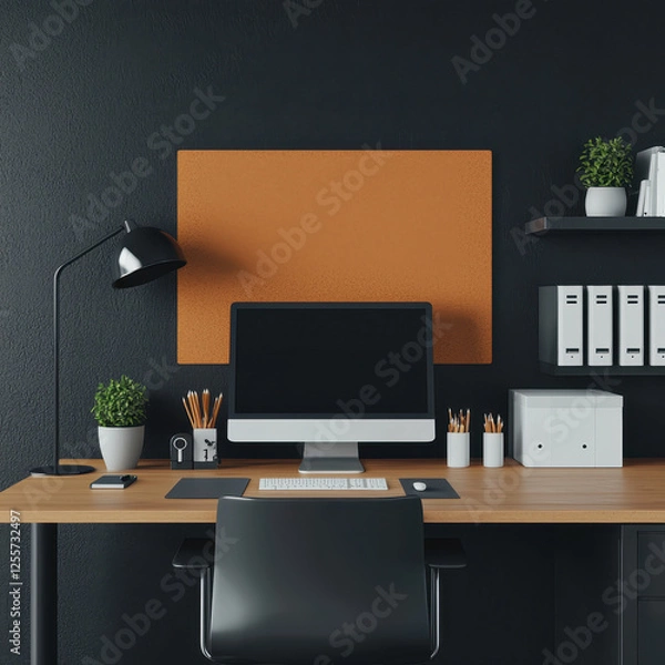 Obraz Modern office desk with computer, lamp, and organized supplies