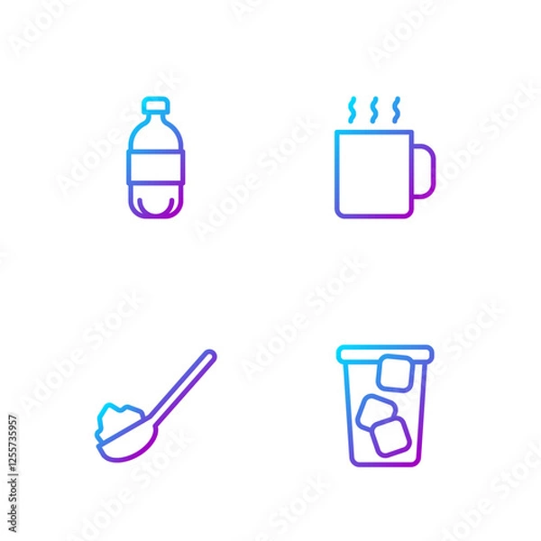 Fototapeta Set line Ice tea, Spoon with sugar, Bottle of water and Cup. Gradient color icons. Vector