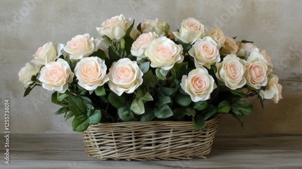 Fototapeta A charming artificial rose bouquet with soft cream and pale pink blooms, placed in a wicker basket.