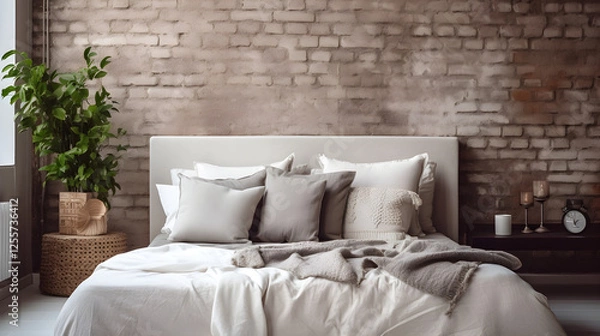 Fototapeta Cozy Bedroom Interior Design with White Linen Bedding Grey Throw Blanket and Exposed Brick Wall