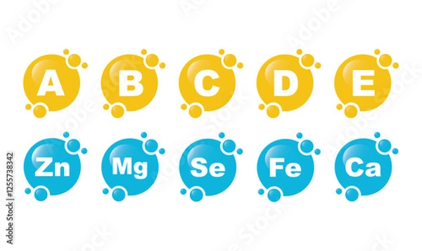 Obraz Vitamin B1, B, C, A, D, E, Ca, Zn, Mg, Se, Fe, Ca, vector. Set of Multi Vitamin, complex icons.
