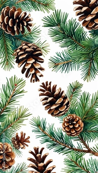 Fototapeta Pine Cones and Fir Branches watercolor in Evergreen Botanical on plain white background