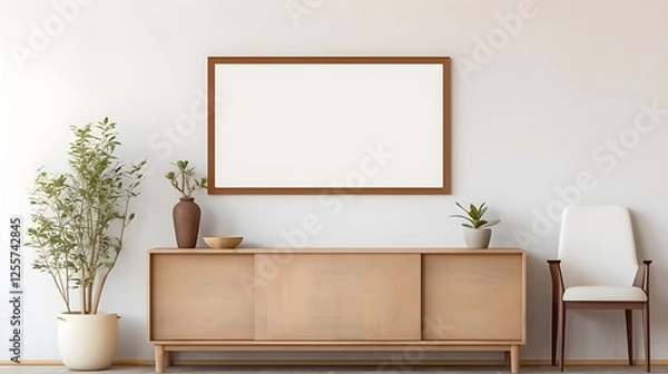 Fototapeta Modern Minimalist Living Room Interior Design with Wooden Cabinet Plants and Blank Frame Mockup
