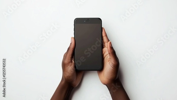Fototapeta Hands Hold Smartphone, Displaying Blank Screen for App Mockup, Technology Demonstration, Digital Device Showcase, Mobile Interface
