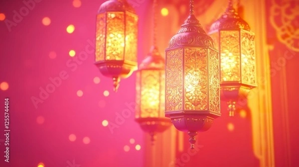 Obraz 3D render of an Arabic themed product display background for advertisement featuring a moon stars and an Arabic lamp