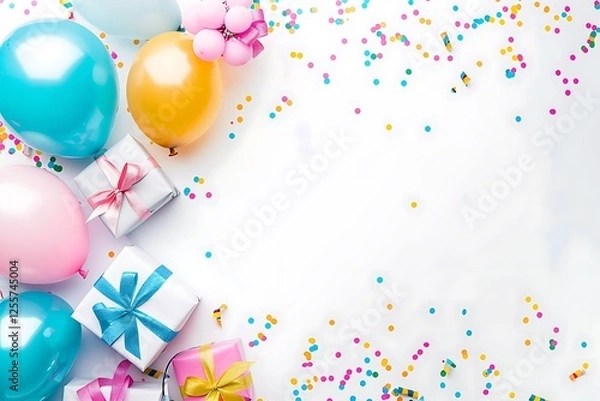 Fototapeta Colorful balloons and gifts on white background with confetti, birthday party banner design, text space.